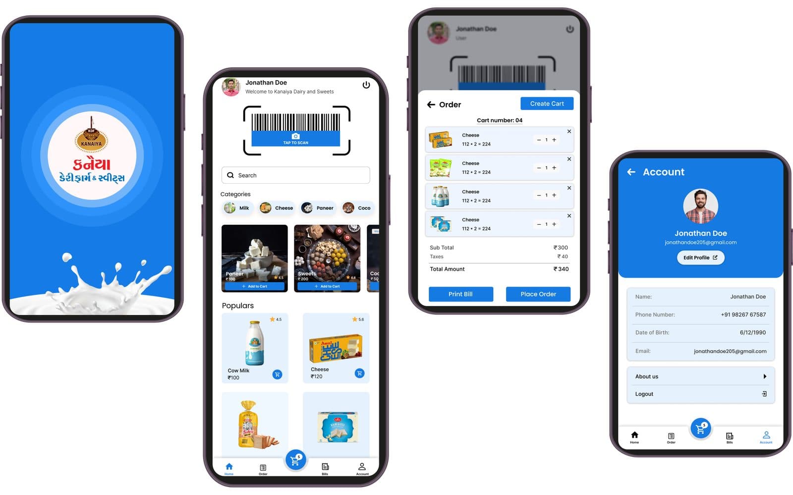 Kanaiya employee app — splash, scan-and-search home, cart with print bill, and account screens